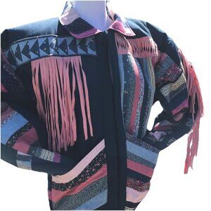 Vtg 00AK 80s Women’s L Quilted Fringe Jacket Coat Boho Handmade Patchwork Geese